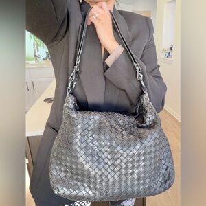 Auth BOTTEGA VENETA Black Hobo Intrecciato 2-Way Crossbody/Shoulder Bag